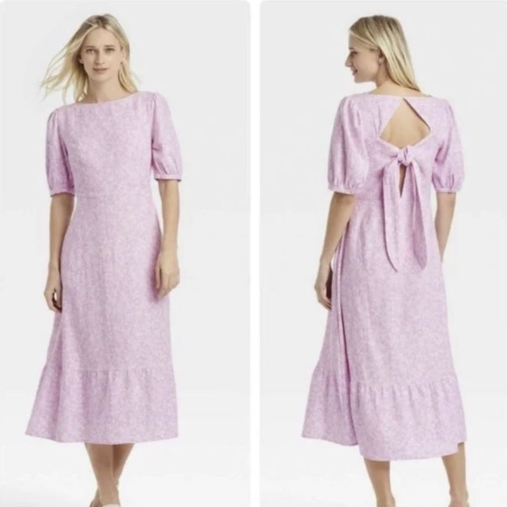 Who What Wear Midi Purple Floral Linen Blend Dress Tie Back